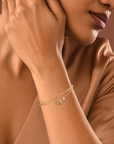 Initial Bracelet for Women, 925 Sterling Silver 14K Gold Plated Dainty Layered Stackable Paperclip Letter Bracelets, Trendy Jewelry Christmas Birthday Gifts for Wife Mom Girlfriend Sister Daughter2