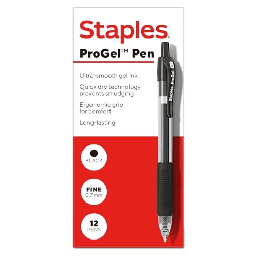 Image of STAPLES Retractable Gel Pens, Fine Point 0.7mm, Black Ink, 12 Pack - ProGel Ergonomic Pens with Quick‑Dry Ink for Office & School