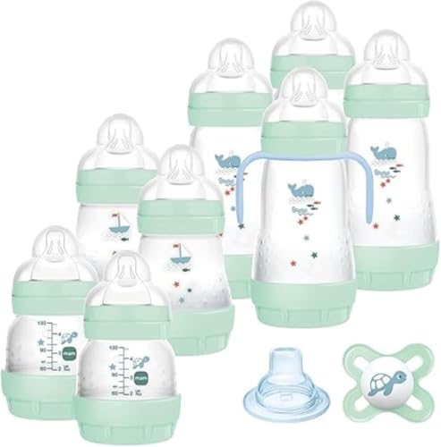MAM Biberon Set Neonato con 8 biberon anticolica Easy Start, 1 Ciuccio Original Start, 1 Beccuccio extra morbido e 1 Manico, Accessori neonati per ridurre bolle d'aria e il rischio di coliche, Verde