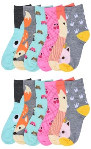 12 Pairs Cozy Girls Boys Crew Socks Casual Ankle, 2-3 Size