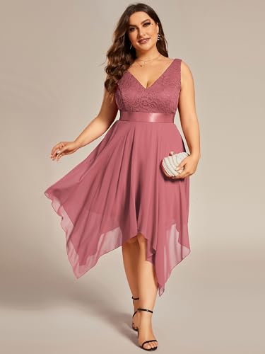 Image of Ever-Pretty Plus Women's V Neck Sleeveless Asymmetric Hem Lace Chiffon Short Summer Plus Size Wedding Guest Dresses Cameo Brown US26