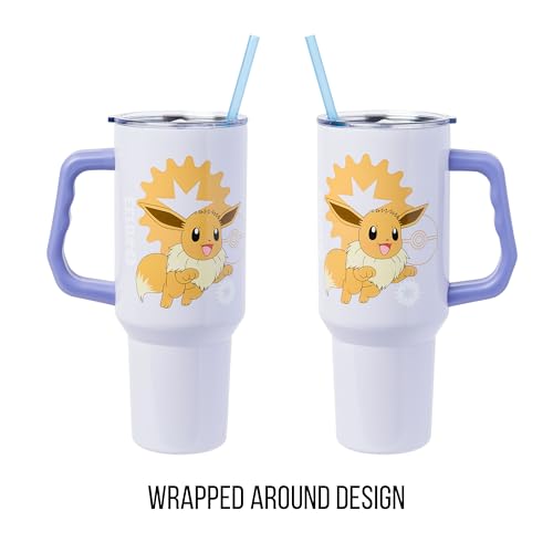 Image of Silver Buffalo Pokemon Double Walled Stainless Steel Tumbler with Handle Featuring Eevee, Fits in Standard Cup Holder, 40 Ounces