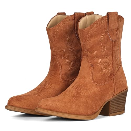 Image of IXU Cowboy Boots for Women Ankle Cowgirl Booties Wide Mid Calf Pointed Toe Western Boots Short Chunky Classic Booties