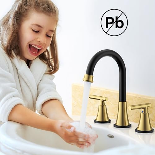 Image of Bathroom Faucet 3 Hole, Black& Gold Faucets with Drain and Supply Lines | Hurran Stainless Steel Lead-Free Widespread Bathroom Sink Faucet for Vanity RV Restroom Laundry Outdoor Camper, 2 Pack