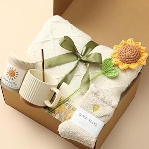 Self Care Gifts for Women – Luxury Package with 50″x70″ Cozy Knitted Blanket, Fuzzy Socks, Soy Candle, Sunflower Decor | Birthday, Thinking of You, Get Well Gifts | Mom, Girlfriend, Best Friend