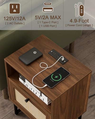 Image of Masupu Rattan Nightstand with Charging Station, Modern Boho Farmhouse Wood Bedside Table with Storage Drawer and Open Shelf, Side End Table for Bedroom, Office (Walnut)