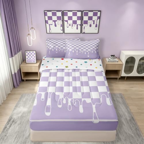 Image of Lavender Checkered Zipper Bedding Set Queen Zip Up Bedding Checkerboard Drip Comforter Set with Sheets,Indie Aesthetic Modern Geometric Bed in a Bag Bed Sets with 2 Pillowcases Y2K Room Decor