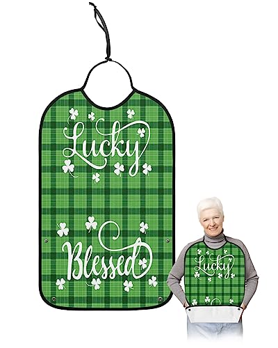 St. Patrick's Day Adult Bibs for Eating, Waterproof Bibs with Food Catcher & Adjustable Snap Closure, Green and Black Buffalo Plaid Clover Lucky Splicing Clothing Protectors Adult Bibs for Elderly