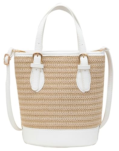 Bolsa balde de palha feminina 2025 bolsa transversal de verão bolsa de crochê com alça superior de crochê fofa ombro praia viagem férias, Bege, 23 x 13.5 x 26 cm