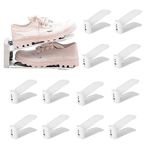 PAIDE P Organizador de zapatos. Almacenaje de Calzado. Organizador de Zapatillas para Armario Calzador. Soporte de Calzado de Altura Ajustable, Zapatero Sencillo. (Pack 12, Blanco)