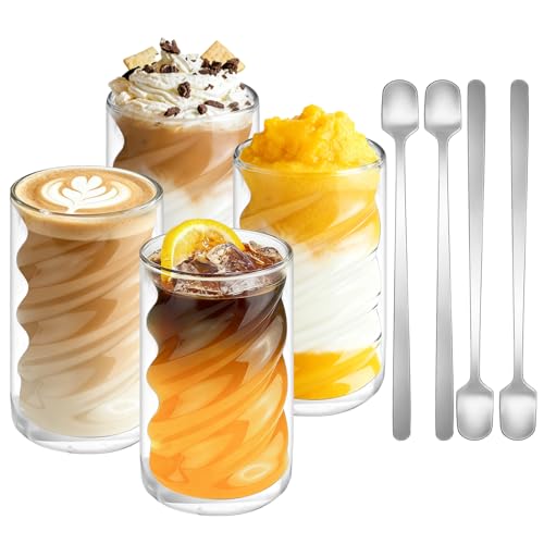 YIWONFU Latte Macchiato - Vasos de doble pared (350 ml, 4 unidades, con 4 cucharas, cristal de borosilicato, aislante, tazas de café de capuchino, café helado, vasos de té