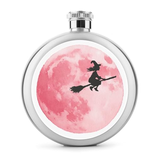 Petaca de acero inoxidable para licor, con diseño de palo de escoba y luna rosa, botella de vino portátil de bolsillo redondo para bebida, 5 onzas