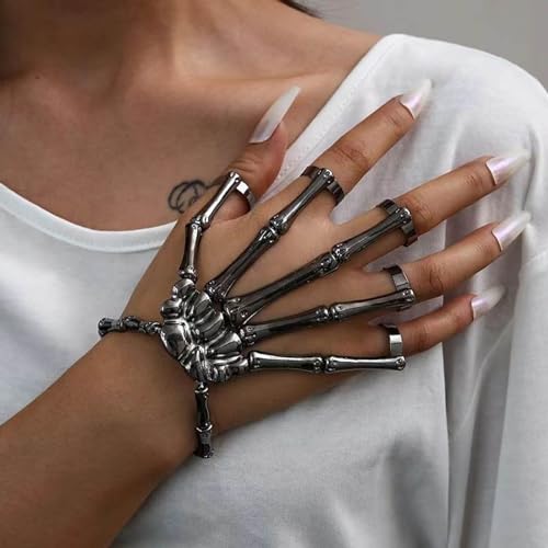 TEMOOUES Gothic Punk Skelett Hand Handschuh Einstellbare Metall Finger Klaue Skelett Vollfinger Ringe für Halloween Cosplay und Party
