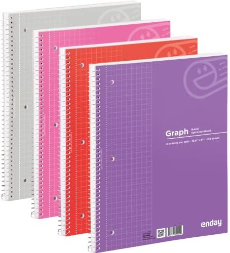 Emraw Graph Paper Notebook Quad Ruled Spiral Grid Notebook PACK Of 4 White Paper 100 Sheets Assorted Colors Wire Bound Graphing Books