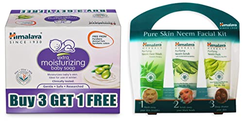 Image of Himalaya Extra Moisturizing Baby Soap (300g),buy 3 get 1 free(4N X 75g) & Himalaya Pure Skin Neem Facial Kit (Facewash 50ml, Scrub 50g & Face Pack 50g)