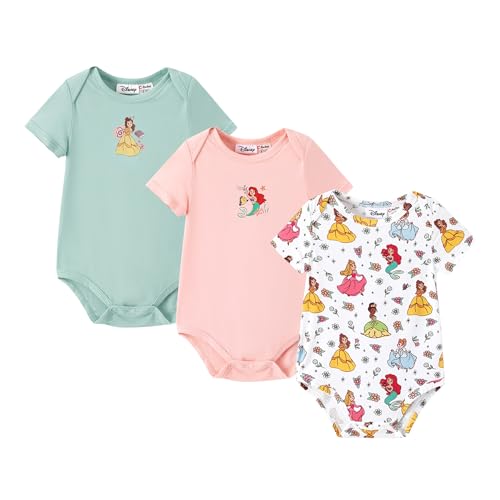 Disney Princess Ariel Cute Newborn Baby Girls 3 Pack Button Dwon Rompers Round Neck Bodysuits for Infant 0-3 Months