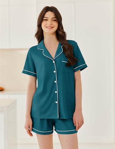 Image of Ekouaer Womens Waffle Knit Pajama Sets Soft Short Sleeve Button Down Sleepwear Cozy 2 Piece Pjs Shorts Set