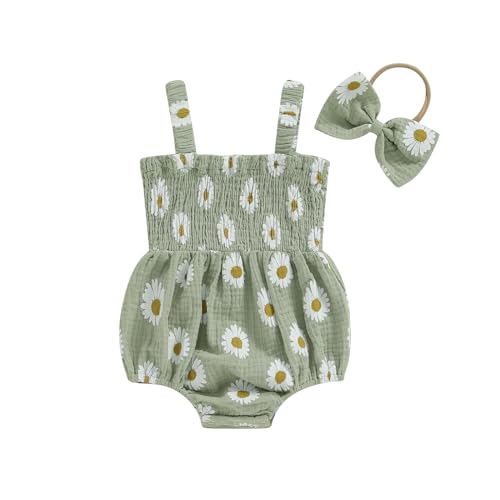 Image of Tsseiatte Newborn Baby Girl Summer Bodysuit Daisy Print One Piece Ruffle Strap Romper Jumpsuit Playsuit with Headband