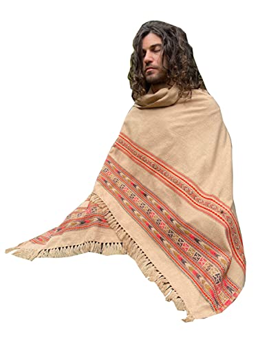 Handmade SAMADHI Meditation Prayer Shawl Chai Brown Blanket Cosy Cashmere Yak Wool Tibetan Lahsa Winter Tribal Celtic Embroidery Boho Zen AJJAYA