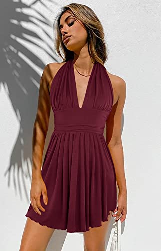 Image of Heysolo Women's Halter Deep V Neck Mini Dress Summer Backless Sleeveless Sexy Party Club Cocktail Dresses
