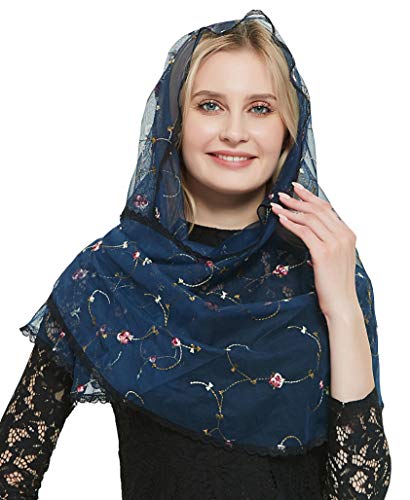Orthodox Veil Head Covering with Embroidered Flowers Catholic Chapel Mantilla veil V50, Navy Veil, One size