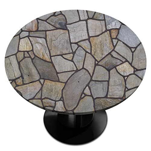 Round Fitted Tablecloth With Elastic Edged, Stone Marble Table Cloth Waterproof Wipeable Round Table Cover For Outdoor Patio Indoor And Dining Table, Fits Tables Up To 36" - 42” Diameter #TOP12