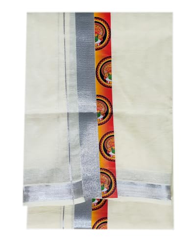 Image of Mens Print along with Border 100% Cotton Cream Dhoti 4.00 Meters Double Mundu /Vesti