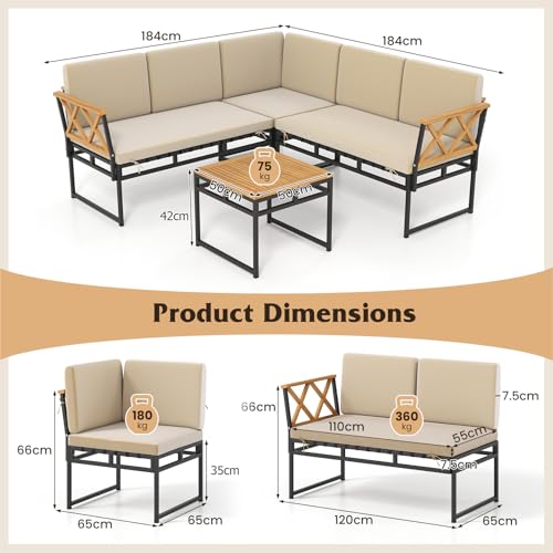 COSTWAY 5 Seater Garden Corner Sofa Set, Acacia Wood Metal L-Shaped Patio Furniture Set with Thick Cushions and Coffee Table, 4-Piece Sectional Outdoor Conversation Table Chairs for Balcony Deck Yard - Image 5