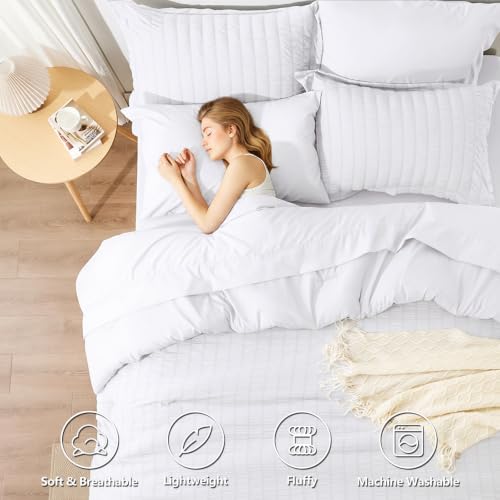 Image of HIMEET Oversized Queen Comforter Set - 7 Pieces Seersucker Bed in a Bag, Boho Bedding Sets for Bedroom Decor, All Season Home Essential Bed Set with Comforter, Sheets, Pillowcases & Shams, White