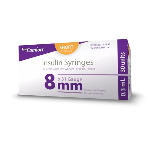 Image of SureComfort U-100 Insulin Syringes 31G x 5 /16 inch 3 /10cc (8 mm), For Diabetes Care, Box of 100