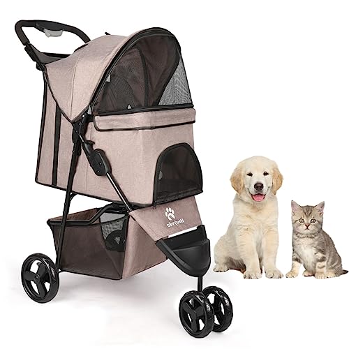 Timati Dog Stroller 3 Wheels Pet Stroller Foldable Dog Cat Carrier Strolling with Brake, Canopy, Cup Holders and Bottom Storage Space (Brown)