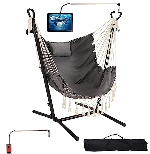 Hammock With Stand Included Heavy Duty Double Swing Chair Outdoor/Indoor W. Pillow & Cellphone/Tablet Holder Macrame Handmade Adjustable Portable Confortable Patio Yard Porch Chair 400Lbs Capacity #TOP23