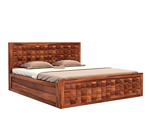 Image of Sheesham Wood King Size Bed with Storage for Bedroom Living Room Solid Wood Cot Wooden Palang Double Bed Furniture (Honey Finish)