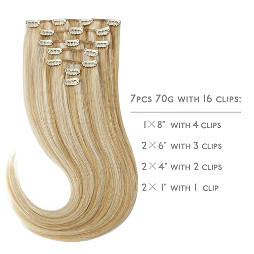 WENNALIFE Extensões de cabelo com presilha, 70 g, 38 cm, loiro caramelo misto alvejante loiro, exten