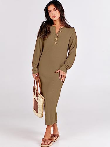 Image of ANRABESS Women Long Sleeve Button V Neck Oversized Casual Loose Fit Waffle Knit Fall Midi Sweater Dress 2026 Trendy Outfits