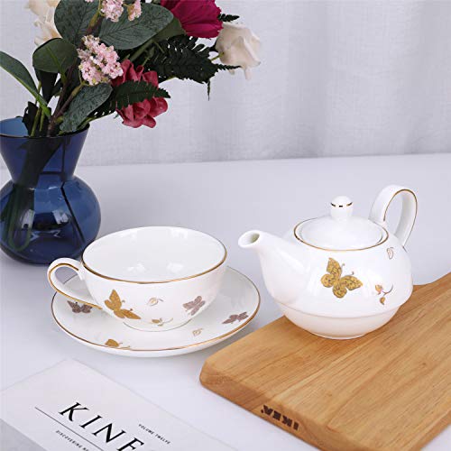fanquare Juego de Té para Una Persona con Mariposa de Oro, Juego de Tetera con Taza de Café y Platillo, Porcelana - Imagen 3