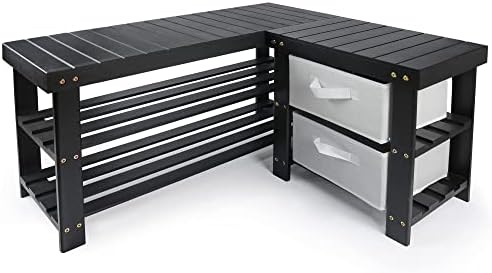 Epesoware L-Shaped Entryway Shoe Bench with Storage, Bamboo Black Shoe Rack Bench with 2 Drawers, 3 Tiers Corner Shoe Storage Organizer for Bedroom, Bathroom, Living Room
