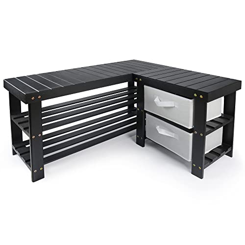 Epesoware L-Shaped Entryway Shoe Bench With Storage, Bamboo Black Shoe Rack Bench With 2 Drawers, 3 Tiers Corner Shoe Storage Organizer For Bedroom, Bathroom, Living Room #TOP25