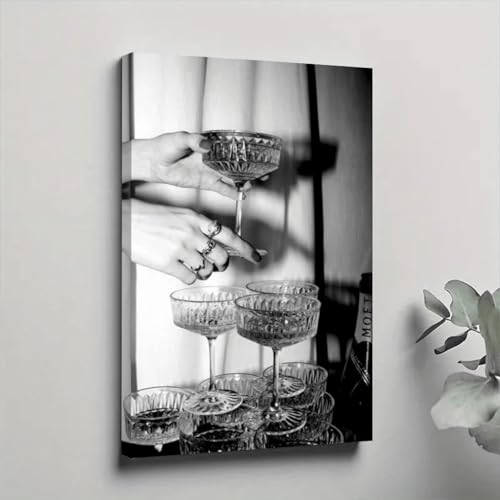 Toile verre de vin noir et blanc décoration murale premium encadrée 60x90