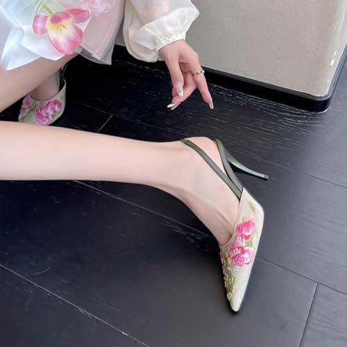 TOSOFT Embroidered Slingback Heels for Women Fashion Linen Mid Heel Pumps Pointed Toe Stilettos Party Bridal Shoes2