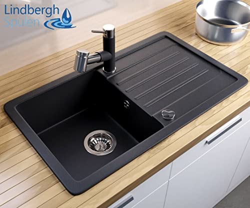 LINDBERGH® Granit Spüle "VEL" + Siphon Einbauspüle Küchenspüle Spülbecken + DREHEXCENTER - Verbundstoffe MADE IN GERMANY (Schwarz) - Image 3