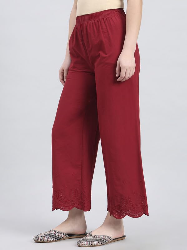 Image of GO COLORS Women's Cotton Hakoba Palazzo | Ankle Length, Schiffli Embroidery, Relaxed Fit, Mid-Rise with Side Pocket