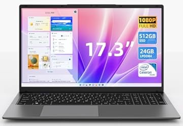 17.3 Inch Windows 11 Laptop Computer with 24GB RAM 512GB SSD, Celeron N5095 CPU(Up to 2.9GHz), 16:10 FHD IPS 1920x1200 Display, Bluetooth 5.0, USB 3.0, Type-C, Portable Business Student Laptops