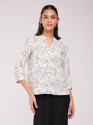 Image of FableStreet Women Shirt Work & Casual | Relaxed Fit Mandarin V-Neck Three-Quarter Sleeves Solid Pattern | Breathable Woven Fabric for Office & Everyday Wear