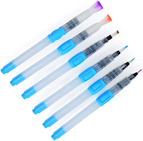 Water Coloring Brush Pens, Set of 6 Aqua Painting Brushes for Water Soluble Colored Pencil, Water Color Water-Base Markers, Powdered Pigment Watercolor Paints