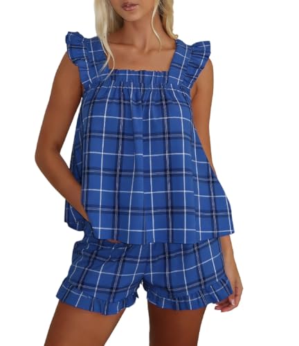 Image of ROAONOCOMO Women Floral Pajama Set Ruffle Babydoll Cami Top Coquette Pj Set Gingham 2 Piece Shorts Outfit Bridal Loungewear
