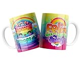 Genérico Taza Cerámica Kawaii Feliz Cumpleaños con Diseño de Tarta Arcoíris, Acabado Brillante, 325 ml, Apta para Microondas y Lavavajillas