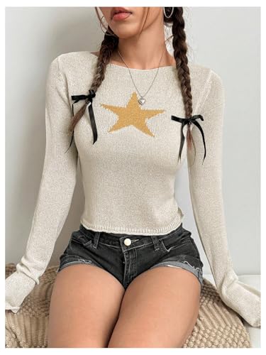 Floerns Women's Star Pattern Long Sleeve Crew Neck Ribbed Knit Sweater Pullover4