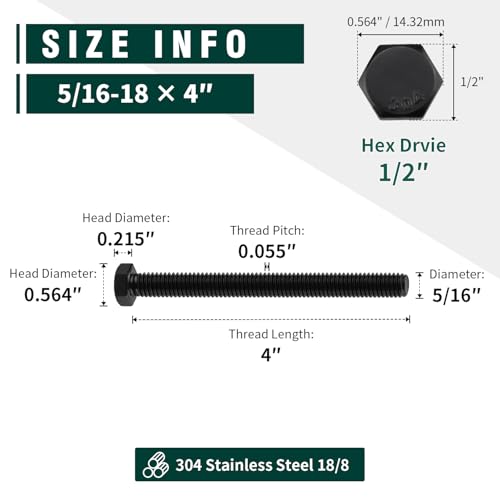 Image of 5 /16-18 x 4 inch Hex Head Bolts Black, 304 Stainless Steel 18-8 Hexagon Head Screws Bolts, Black Oxide Finish, Allen Hex Drive, 10 PCS