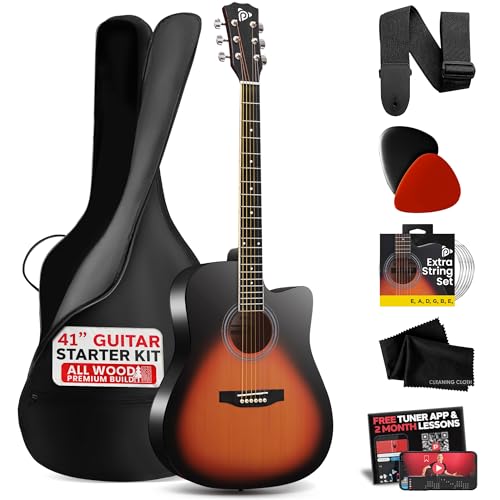 Pyle Steel String Acoustic Guitar Kit, 4/4 Full Size Cutaway All-Wood Guitarra Acustica with Premium Accessory Set and Upgraded Gig Bag, 41' Sunburst Teardrop Matte